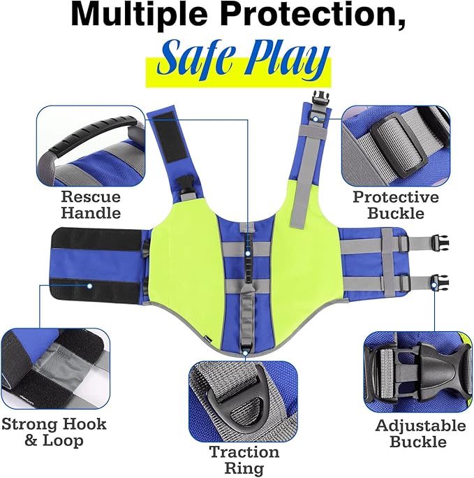 Pawaboo Dog Life Jacket, Reflective Safety Vest with Adjustable Pet Life Preserver, Ripstop Dog Lifesaver for Swimming, Boating - Bright Yellow, M