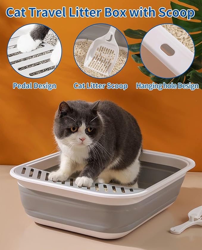 BNOSDM Collapsible Small Cat Litter Box for Kittens Open Potty Pan Foldable Cat Toilet with Scoop Senior Kitty Travel Shallow Litters Boxes Anti-Splash Waterproof Grey 17.7"×13.4"