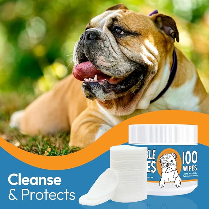Bulldog Wrinkle Wipes for Dogs – Deodorizing & Soothing with Honeysuckle Extract – Non-Irritating, Cleans Wrinkles, Folds, Paws & Tail Pockets – for Bulldogs, Pugs & Frenchies (100 Count)