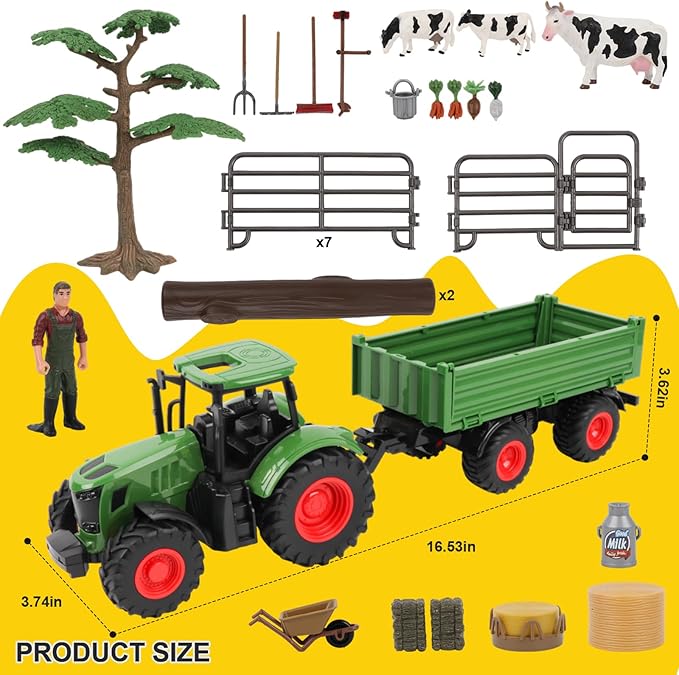 Farm Animal Tractor Toys Playset-16.5 Inches Tractor with Trailer Fence,Farmer,Tree,Cow,Farm Toy Set for Boys Girls Kids Toddlers Age 3-7 Years Old