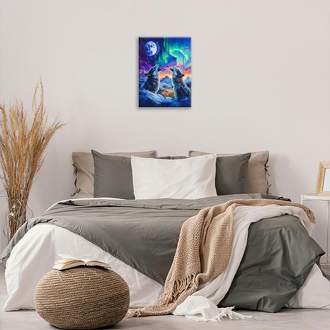 Wolf Wall Art Wolves Canvas Wall Decor Prints Framed Painting Aurora Pictures Gifts Artwork for Bathroom Bedroom Living Dining 12"x16"