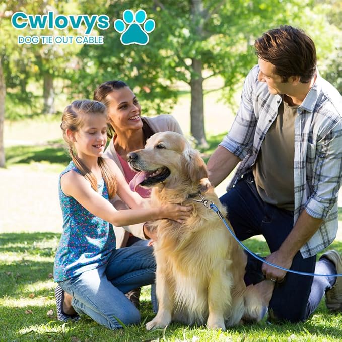 Dog Tie Out Cable, 50FT, Blue, Suitable for Dogs up to 350 pounds, Lightweight, Non-Winding, for Outdoor Use