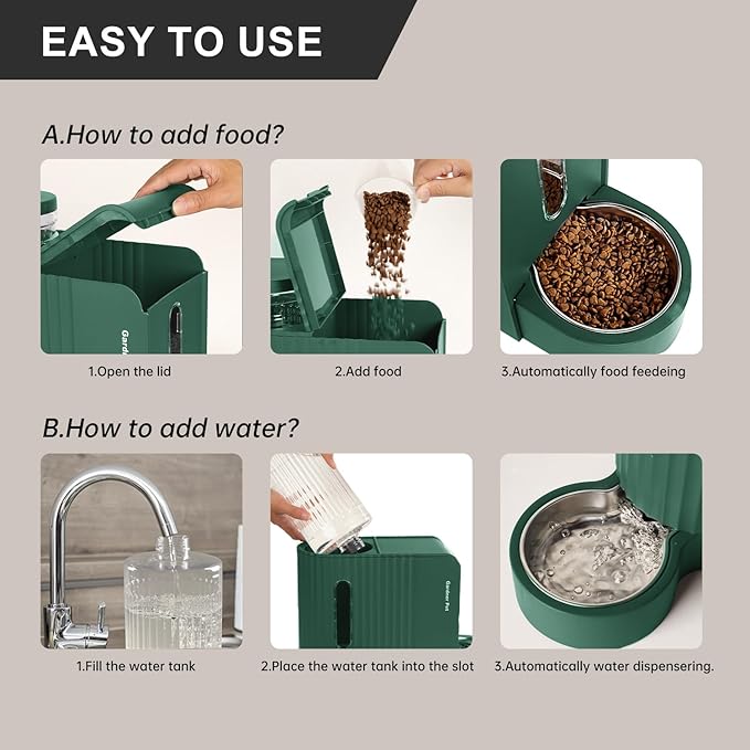 Gardner Pet Automatic Gravity Pet Feeder, 0.8 Gallons*2 Dog Feeder and Water Dispenser Set 100% BPA-Free, 2-in-1 Gravity Feeder with Stainless Steel Bowl for Dogs, Cats, Rabbits, Puppies (Green)