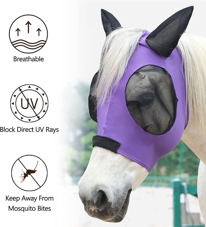 Horse Fly Mask with Ears - Large Eye Space for Full Vision, Breathable Stretch Comfort Fit, UV Protection, Forelock Opening, Easy Pull-On Violet Pony
