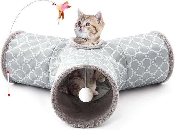 Tempcore Pet Cat Tunnel Tube Cat Toys 3 Way Collapsible, Cat Tunnels for Indoor Cats Fleece-Lined in for Warmth,Kitty Tunnel Bored Pet Toys Peek Hole Toy Ball Cat, Puppy, Kitten, Geometry Grey