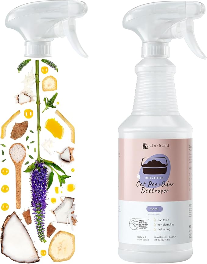 kin+kind Pet Odor Eliminator for Home - Litter Deodorizer, Pet Urine Odor Eliminator Spray and Stain Remover Spray for Harwood Floods, Carpet and Fabric - Pee, Odor and Stain Destroyer 32 fl oz