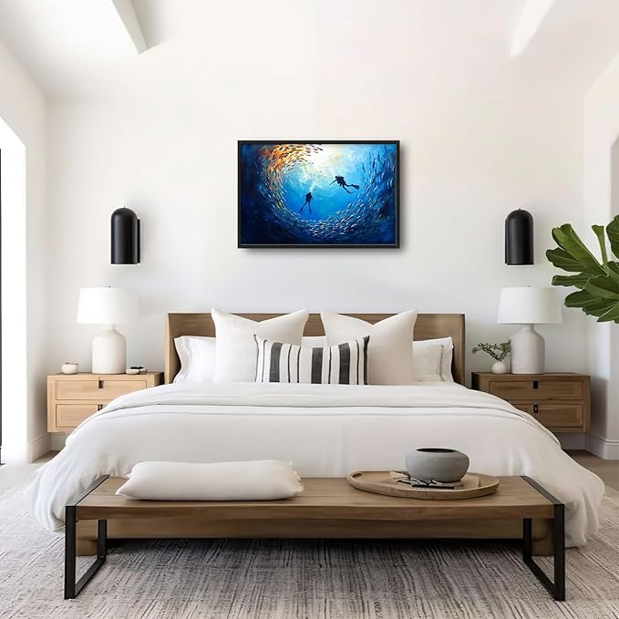 Large Ocean Diving Wall Art for Living Room, Framed Oversized Fish Wall Decor Underwater Marine Life Canvas Painting Modern Artwork for Living Room Bathroom Bedroom Office Dining Room 36"x24"