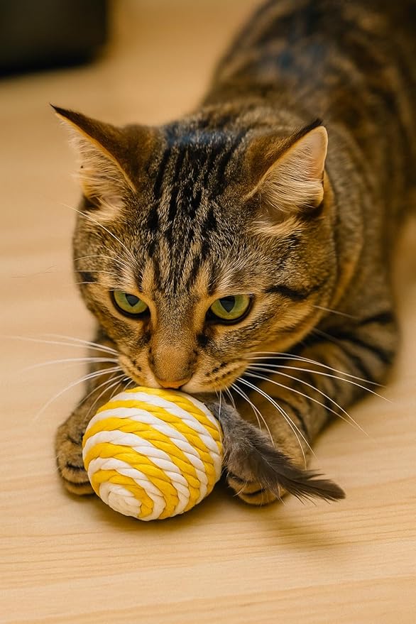 Ball for cat with Feathers - Balls for Cats β Natural Toy for Indoor Cats β Eco-Friendly, Durable, Interactive Play Balls for Kittens β Pet-Safe Chew & Scratch Toys (Yellow)