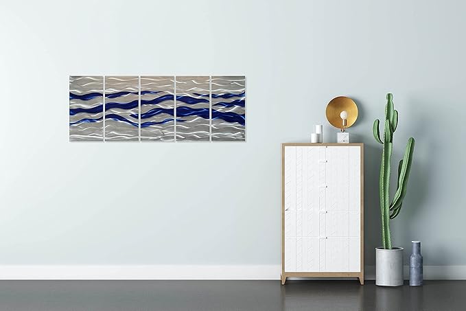 SYGALLERIER Abstract Coastal Metal Wall Art Handcrafted Big 3D Blue and Silver Artwork Modern Sea Waves Pictures Contemporary Sculpture for Living Room Bedroom Bathroom Decor
