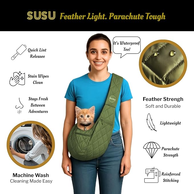 Small Dog Carrier Sling – Olive Green Hands‑Free 2‑in‑1 Sling & Handheld Carrier for Dogs up to 10 lbs, Parachute‑Grade Rip‑Stop Nylon, 4″ Padded Strap, Safety Tether & Pockets