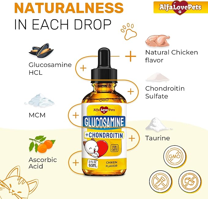 Cat Joint Supplement for All Breeds โ Glucosamine for Cats and Kittens โ Glucosamine, Chondroitin, MSM for Hip & Joint Care โ Natural Ingredients with Chicken Flavor โ 2 Oz
