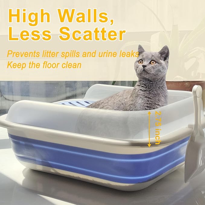 Open Cat Litter Box with High Side, Anti-Splashing Kitty Litter Pan Collapsible Travel Litter Potty Pan Scoop Leak-Proof Pedal Cat Toilet No Smell Easy Clean (M Blue High Side)