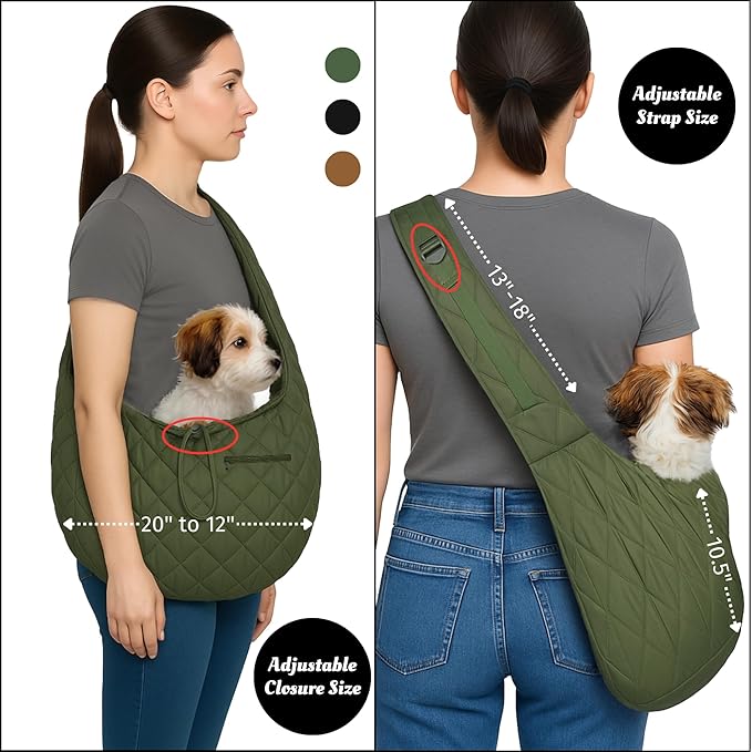 Small Dog Carrier Sling – Olive Green Hands‑Free 2‑in‑1 Sling & Handheld Carrier for Dogs up to 10 lbs, Parachute‑Grade Rip‑Stop Nylon, 4″ Padded Strap, Safety Tether & Pockets