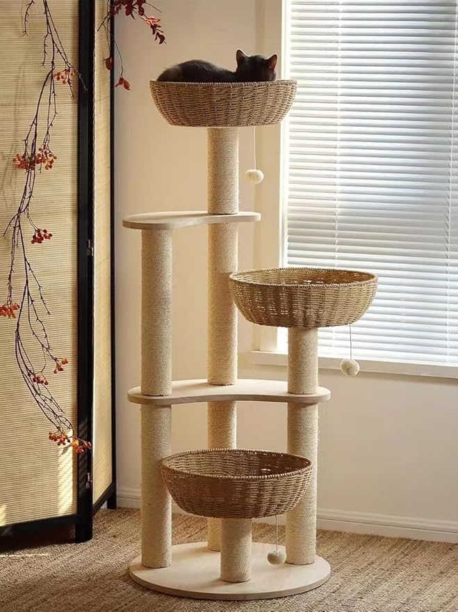 54" Large Modern Cat Trees, Luxury Rattan Oak Solid Wood Cat Trees Towers,3 Weaving Cat Nests & Washable Cool Cushions, Sisal Scratching Posts,Cat Condo for Indoor Cats- Wood Wax Oil Version