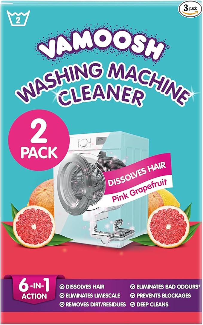 Vamoosh 6-in-1 Washing Machine Cleaner | Dissolves Pet Hair | Prevents Blockage | Grapefruit Scent | Removes Limescale | Deep Clean | Eliminates Odor | Descales | 150g (Pack of 6)