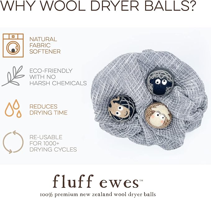 Fluff Ewes Wool Dryer Balls 3 Pack Premium New Zealand Wool Laundry Balls for Dryer, No Static Dryer Balls Laundry Reusable Cute - XL Wool Dryer Balls Cute, Baby Dryer Balls for Dryers - Darks
