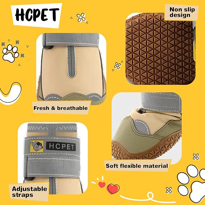 Hcpet Dog Shoes for Large Dogs, Waterproof Dog Booties for Small Medium Dogs, Anti-Slip Dog Boots & Paw Protectors for Hot Pavement Winter Snow Hiking with Reflective Straps Khaki Size 7