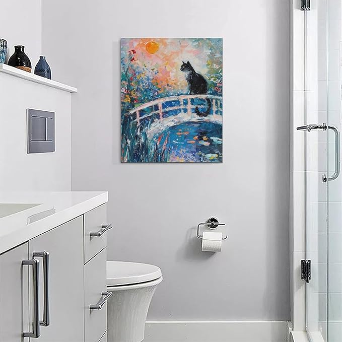 Quorin Black Cat Wall Art Water Lily Sunset Pictures Cat Wall Decor Impressionism Canvas Print Painting Artwork for Bathroom Living Room Bedroom 16"x20"