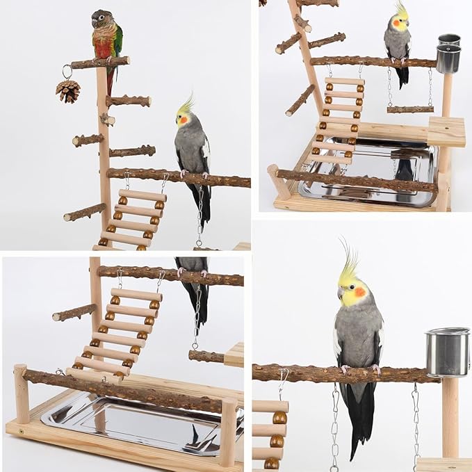 Bird Playground, Parrot Perch Stand, Natural Wood Bird Play Stands for Cockatiel Wood Perch Gym Playpen Ladder with Removable Tray and 2 Stainless Steel Cups, Bird Cage Accessories, Parrot Swing
