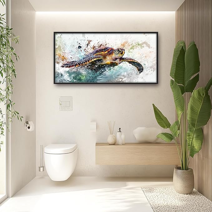 Extra Large Framed Sea Turtle Wall Art,Oversized Abstract Colorful Sea Nautical Wall Decor Pictures for Living Room,Canvas Print Painting Modern Artwork Bedroom Office Bathroom Home Decor 60L x30W