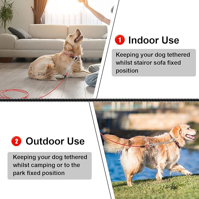 Jenico Dog Tie Out Cable - 10/15/20/30/40/50/70/100/150FT Runner Cable with Swivel Hook and Shock Spring, Outdoor and Camping Dog Leash Run Tether for Small to Medium Pets Up to 500 LBS