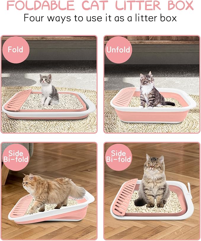 BNOSDM Senior Cat Litter Box Low Entry Kittens Travel Litter Box with Scoop Open Collapsible Shallow Cats Potty Pan Foldable Pet Toilet for Sick Disabled Older Elderly Cats Pink