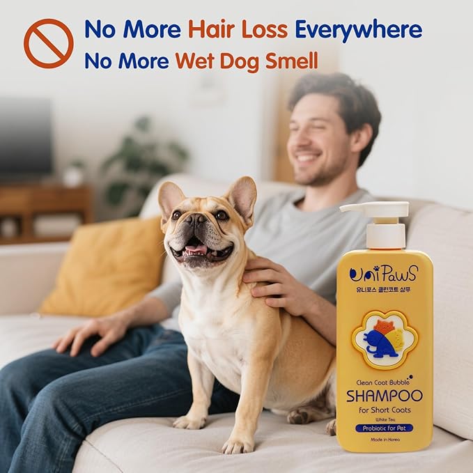 Unipaws Probiotic Dog Shampoo for Short-Haired Coats β Itch Relief, Deodorizing & Hydrating for Healthy, Fresh Skin with Calendula & Oatmeal β EWG Green & White Tea Scent, Made in Korea, 16.9 Fl Oz