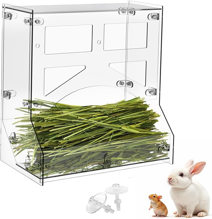 Acrylic Rabbit Hay Feeder with Lid, Transparent Hanging Food Dispenser Hay Feeder for Bunny Rabbits Guinea Pig Cage Chinchillas Hamsters Small Pets and Animals(Large