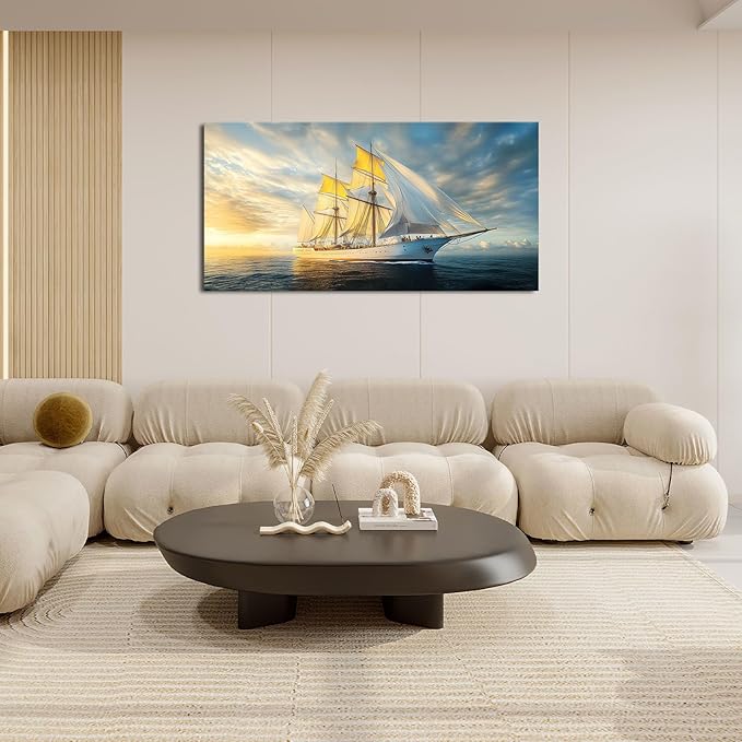 Nautical Ship Large Wall Art Sea Sailing Ship Sunrise Pictures Nature Seascape Wall Decor Canvas Print Painting Artwork for Bathroom Living Room Bedroom 30"x60"