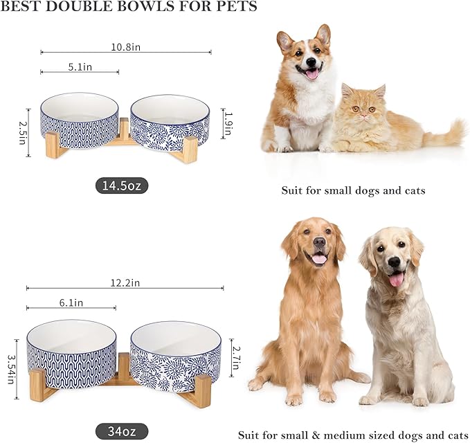 Selamica Ceramic 30 OZ Dog Bowls, Dog Food and Water Bowls with Wooden Stand, Anti-Slip Dog Dishes Set for Cats Small & Medium Sized Dogs, Weighted Pet Bowls Set of 2, Vintage Blue B