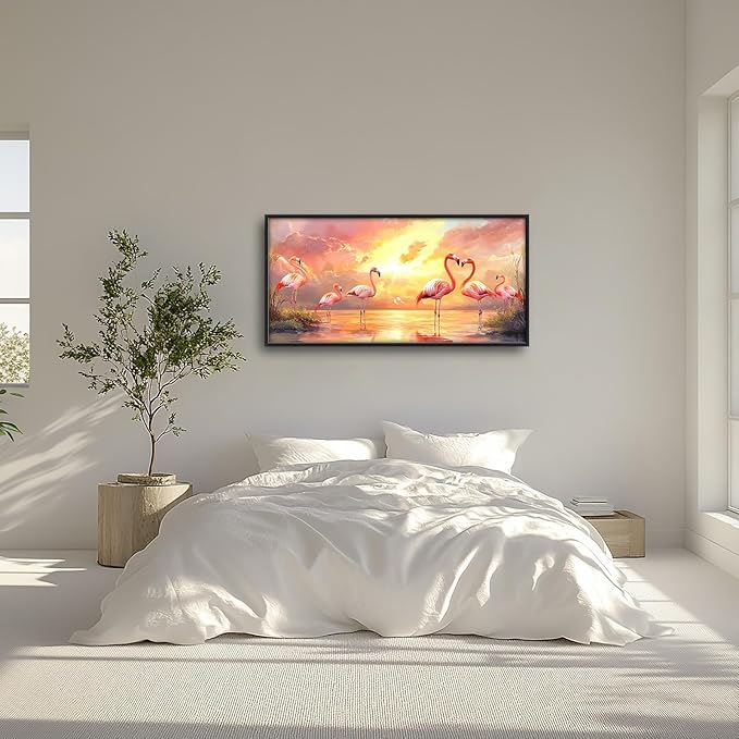 Large Flamingo Wall Art for Living Room, Framed Oversized Sunset Lake Wall Decor Landscape Canvas Painting Pictures Modern Artwork for Living Room Bathroom Bedroom Office Dining Room 60"x30"