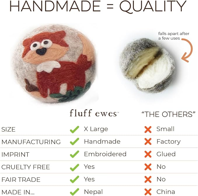 Fluff Ewes Wool Dryer Balls 6 Pack Premium New Zealand Wool Laundry Balls for Dryer, No Static Dryer Balls Laundry Reusable, XL Hedgehog Dryer Balls, Baby Dryer Balls for Dryers - Hedgehog and Homies