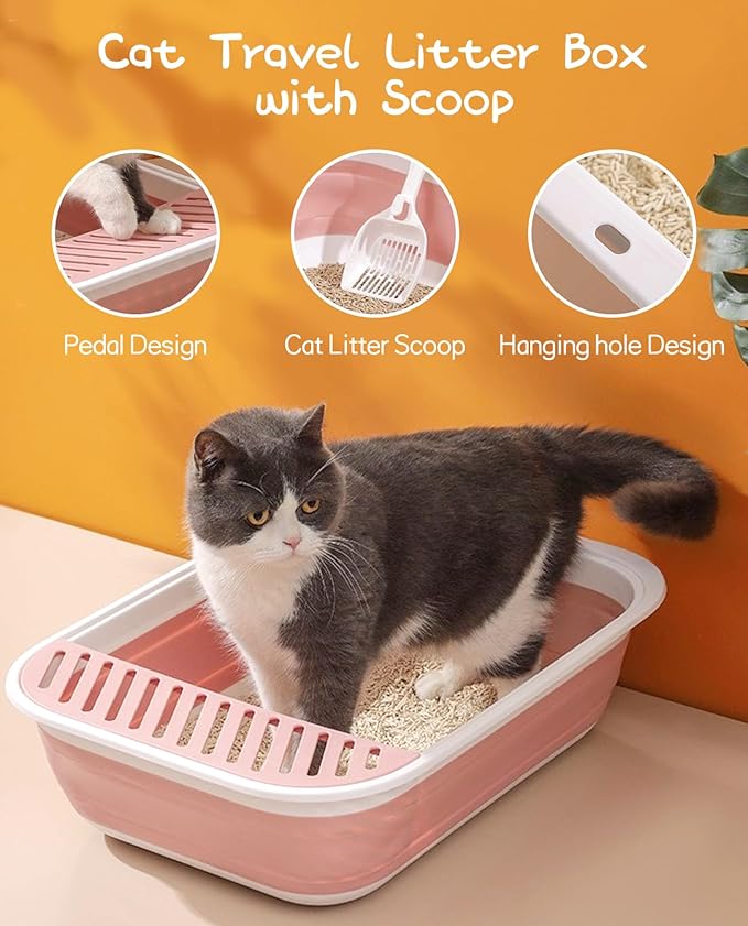 BNOSDM Senior Cat Litter Box Low Entry Kittens Travel Litter Box with Scoop Open Collapsible Shallow Cats Potty Pan Foldable Pet Toilet for Sick Disabled Older Elderly Cats Pink