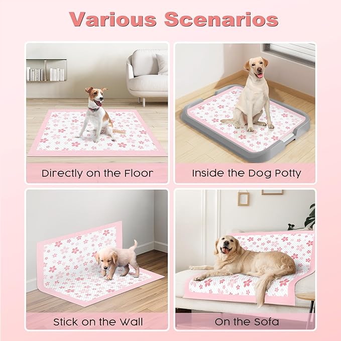 MIZOK Dog Pee Pads 28x34in Pink, Puppy Pads Extra Large Absorbent with Adhesive Tabs 6-Layer Leak-Proof Quick-Dry Design Odor Control for Potty Training, Cherry Blossom Prints (40 Counts)