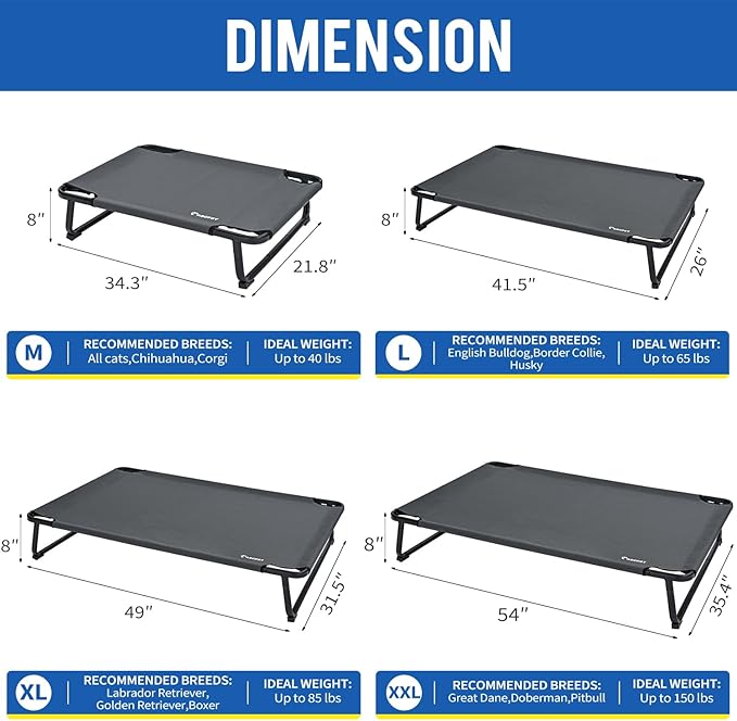 Elevated Dog Bed, Outdoor Dog Bed Raised Bed Cooling Waterproof Pet Beds Cots Stable and Easy Assembly, Teslin Fabric with 1.2mm Thick Iron Frame, Breathable, Ultra-Sturdy,Grey, 48 * 32 * 8.7