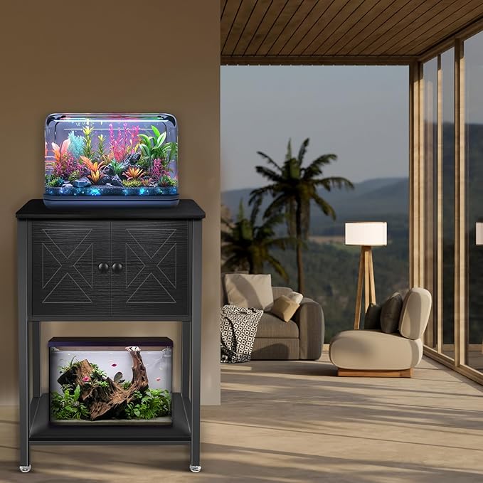 5-10 Gallon Fish Tank Stand, Heavy Duty Aquarium Stand with Cabinet & Power Outlets for Fish Tank Accessories Storage, Double Tank Stand 20.5" L* 11" W Tabletop, 220LBS Capacity Black