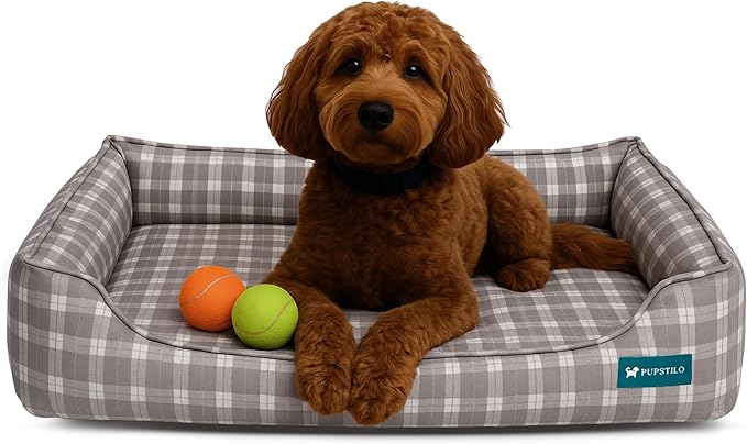 Orthopedic Bolster Dog Bed β CertiPUR-US Foam, Recycled Polyester Canvas, Washable Cover, Anti-Slip Bottom, Medium, Grey Plaid β Stylish Designer Dog Sofa
