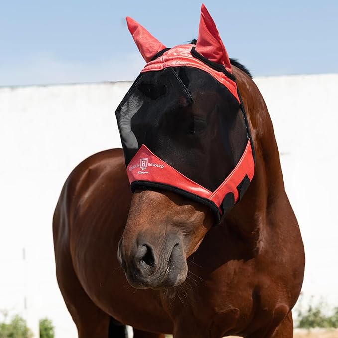 Harrison Howard Pro Luminous Horse Half Face Fly Mask Large Eye Space with Ears UV Protection for Horse Coral Orange XL