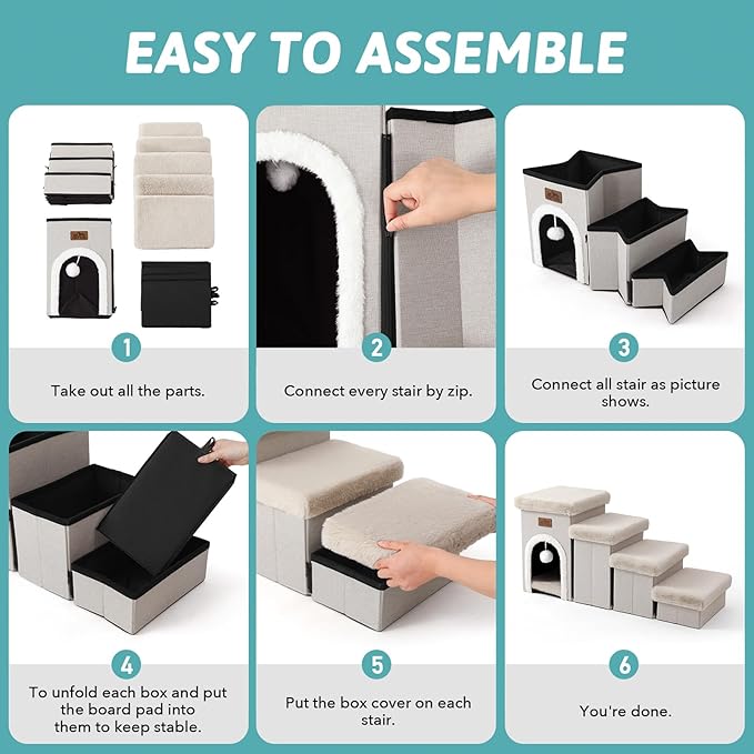 Dog Stairs for Small Dogs with Storage and Condo, 17.5" H Foldable Pet Stairs for Small Medium or Puppy Dogs and Older Cats, Dog Steps for Bed or Couch, 13x35x17.5 inch, 4 Tiers, Beige