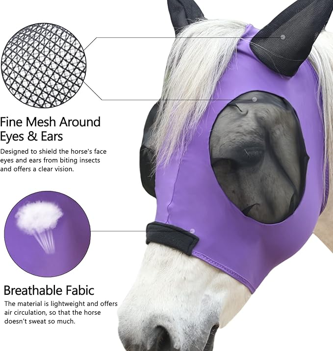 Horse Fly Mask with Ears - Large Eye Space for Full Vision, Breathable Stretch Comfort Fit, UV Protection, Forelock Opening, Easy Pull-On Violet Pony