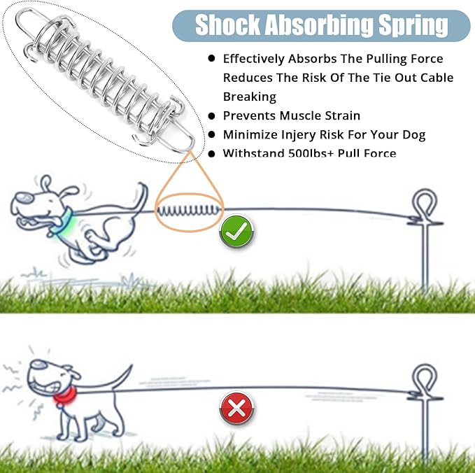 Jenico Dog Tie Out Cable, 10-150FT Runner Cable with Swivel Hook and Shock Spring, Yard and Camping Dog Leash Tether for Small to Medium Pets Up to 500 LBS