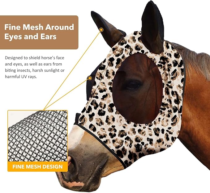 Harrison Howard Super Comfort Stretchy Fly Mask Large Eye Space with UV Protection Soft on Skin with Breathability Leopard Print XL Extra Full Size