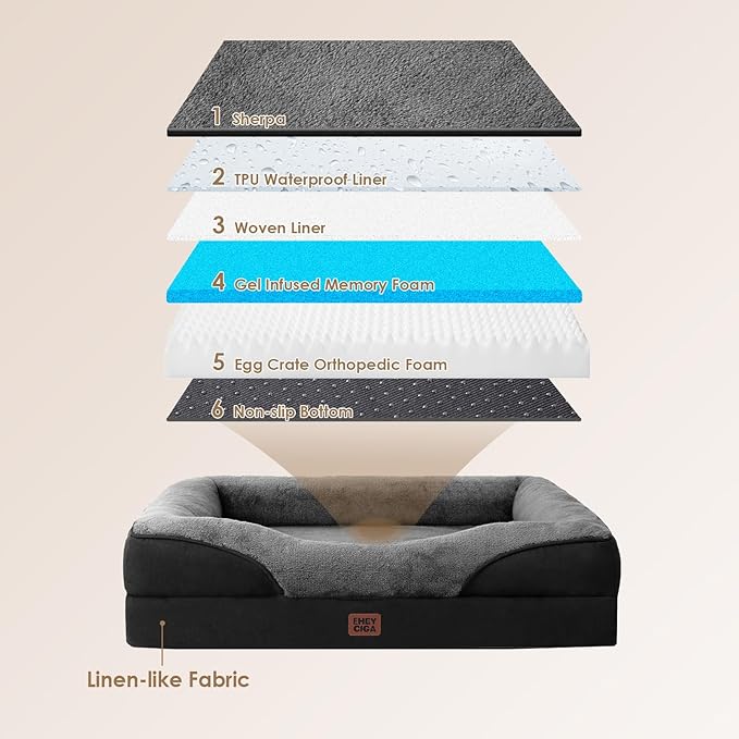 EHEYCIGA Memory Foam XL Dog Bed for XLarge Sized, Extra Large Orthopedic Dog Sofa with Sides and Waterproof Liner, Washable Pet Couch with Removable Cover, 48x35x7.5 Inch, Grey/Black