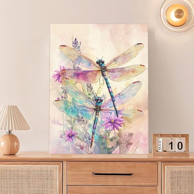 Dragonfly Bathroom Pictures Wall Art, Floral Bathroom Wall Decor, Framed Painting Canvas Artwork for Bedroom Living Room Decorations 16"L x 12"W