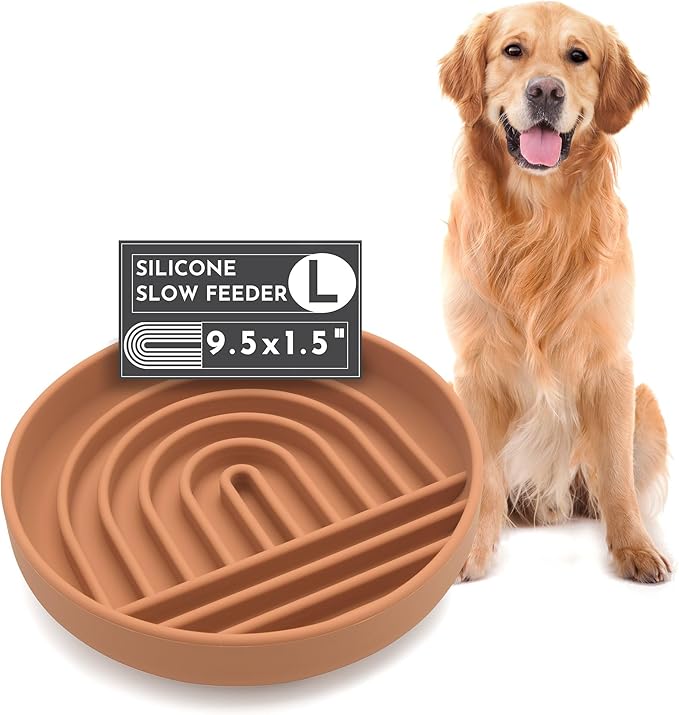 The Slowdown Bowl Silicone Slow Feeder for Dogs & Puppies, Slow Eating Lick Mat Design Reduces Gulping, Fits 2.5 Cups 9.5” Across x 1.5” Tall, Mealtime Challenge, Large-Terracotta