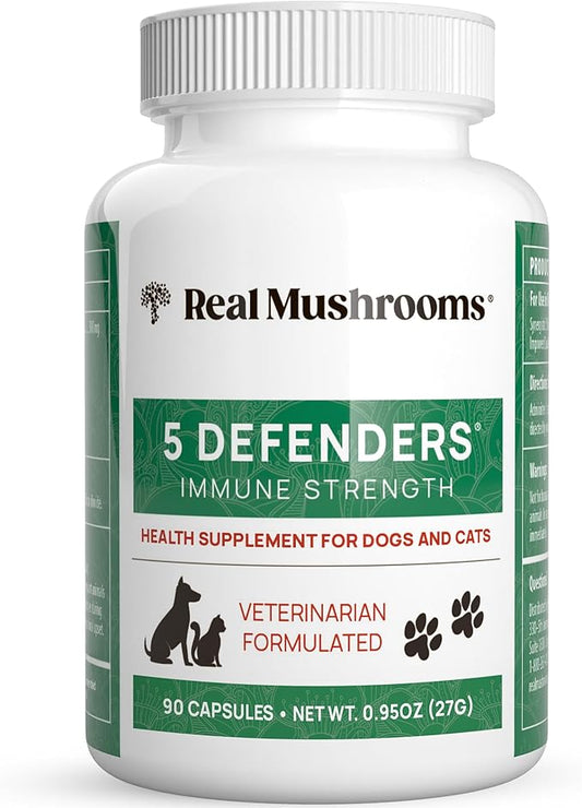5 Defenders Mushroom Supplement for Cats & Dogs – Chaga, Shiitake, Reishi, Turkey Tail, Maitake – Cat Multivitamin & Dog Supplement for Wellness Support– 90 ct Real Mushrooms Powder Capsules