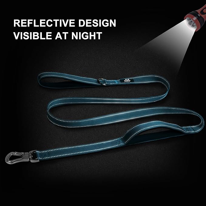 TwoEar 5FT 1IN Strong Blue Dog Leash with 2 Padded Handles, Traffic Handle Extra Control, Comfortable Soft Dual Handle, Auto Lock Hook, Reflective Walking Lead for Small Medium and Large Dogs