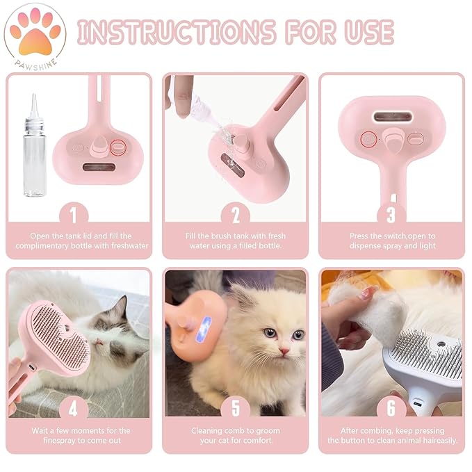 Cat steam brush β Effective Pet Brush for Indoor Cats, Steam Technology for Shedding, Mats & Grooming β Ideal cat brush indoor for Deep Cleaning (Pink)