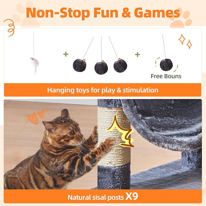 Taoqimiao Large Cat Tree,73-Inch Cat Tree Tower with 9 Scratching Posts for Indoor Cats, 2 Large Cat Condo with Hammock, Hanging Basket, 2 Extended Platform, Smoky Gray MS013XLG