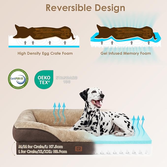 EHEYCIGA Memory Foam XL Dog Bed for XLarge Sized, Extra Large Orthopedic Dog Sofa with Sides and Waterproof Liner, Washable Bolster Pet Bed Couch with Removable Cover, 42x30x7.5 Inch, Brown